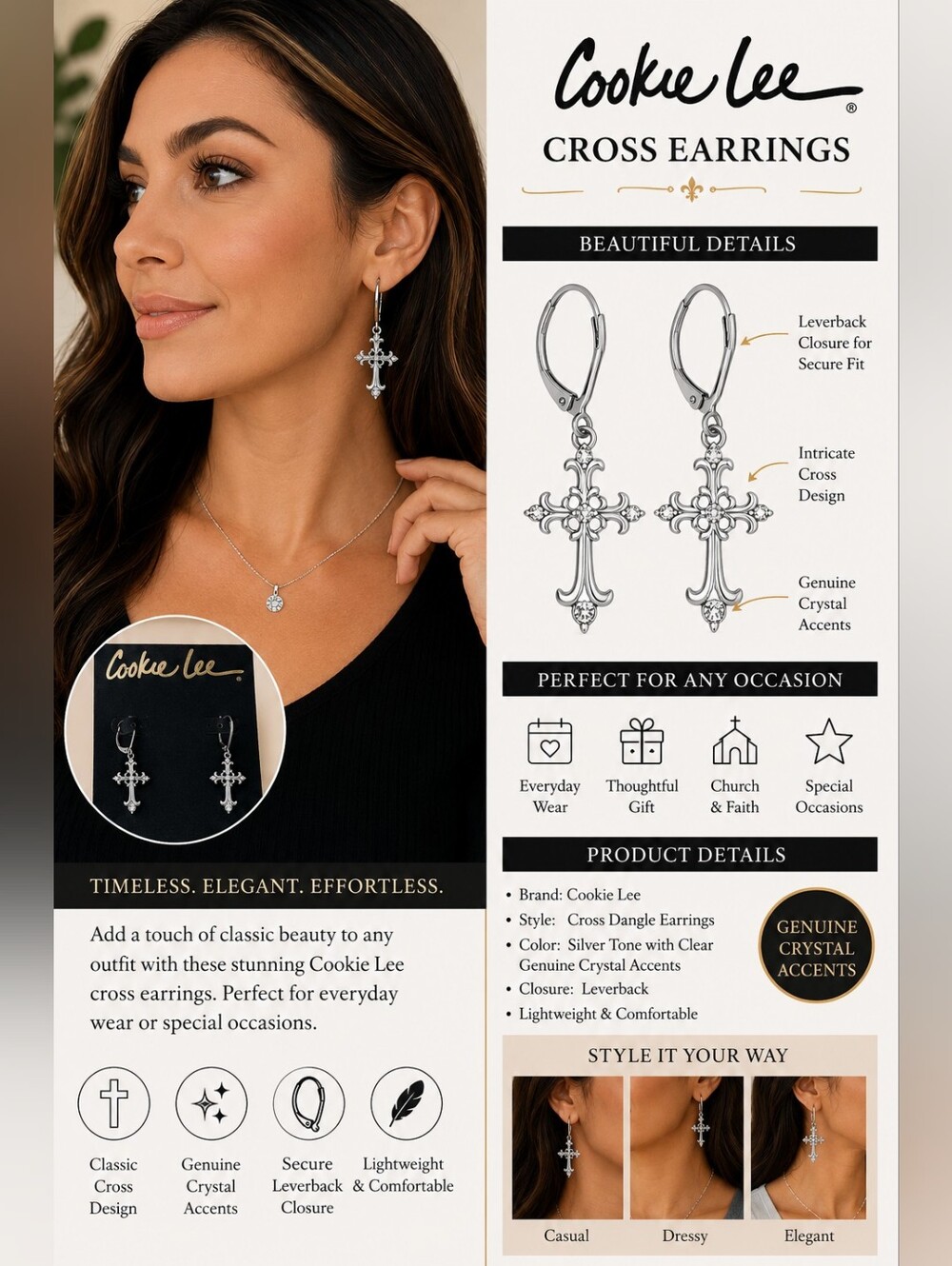 Vintage Cookie Lee Silver Cross Dangle Earrings with Crystal Accents